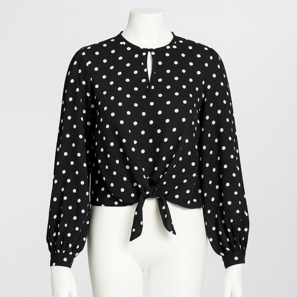 Express Polka Dot Tie Front Top Keyhole Blouse Petite‎ XS Long Sleeve
